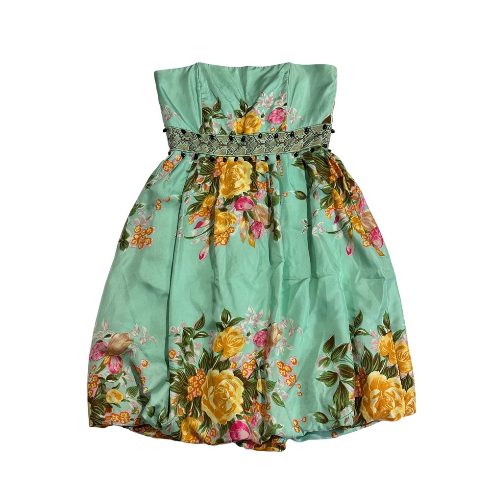 Vintage Y2K Plenty Silk Strapless Floral Bubble Hem Mini Dress Size 8 FLAW